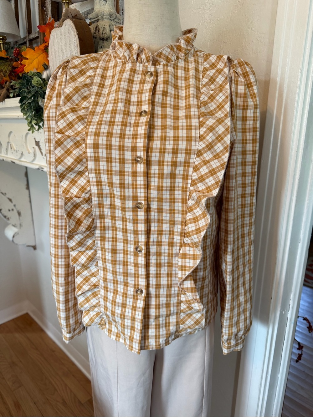 Simple Mustard and White Plaid Ruffle-Trim Button-Down Top w/bralette
